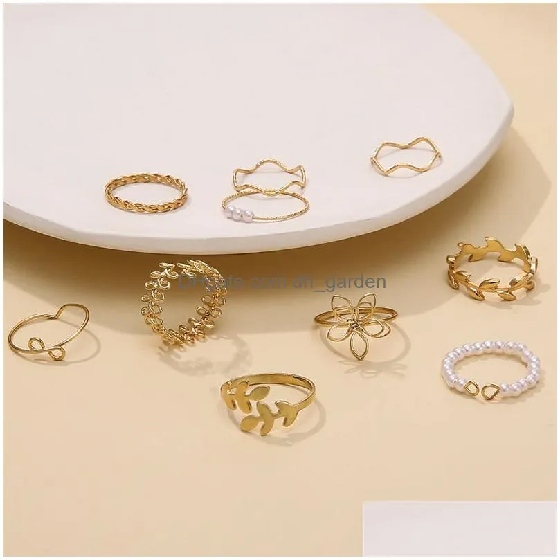 Band Rings Bohemian Gold Color Chain Rings Set For Women Fashion Faux Pearl Decor Party Trend Jewelry Gift Drop Delivery Jewe Dhgarden Otbbt