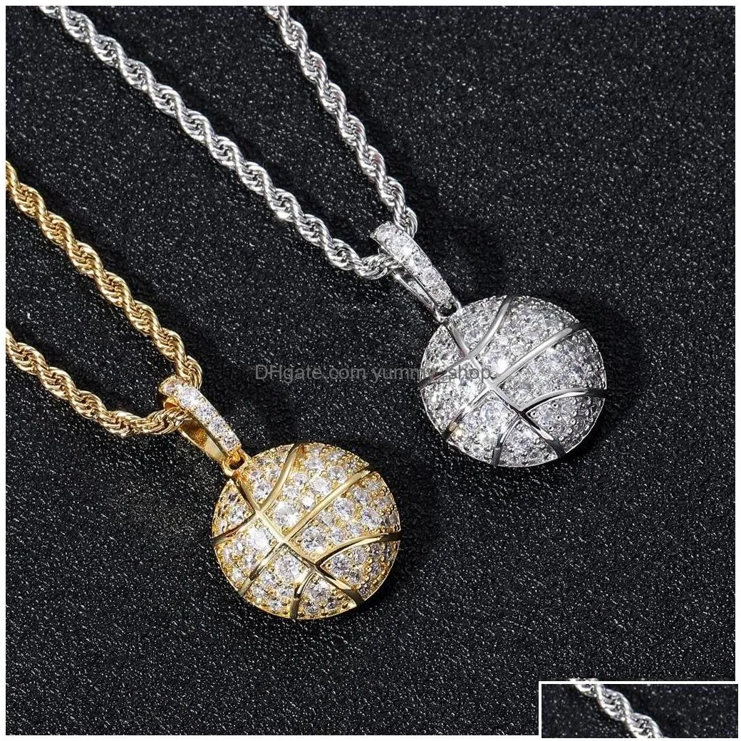 Pendant Necklaces 18K Gold Cubic Zirconia Basketball Necklace 60Cm Golden Chains Jewelry Set Copper Diamond Hip Hop Sport Football R