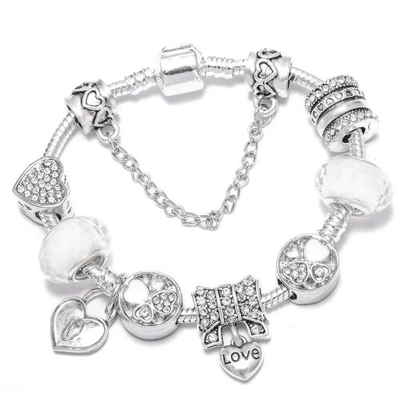Charm Bracelets Fashion 925 Sterling Sier Love Bowknot Heart Locker Key Murano Lampwork Glass European Charm Beads Crystal Dangle Fits Dh3Iw