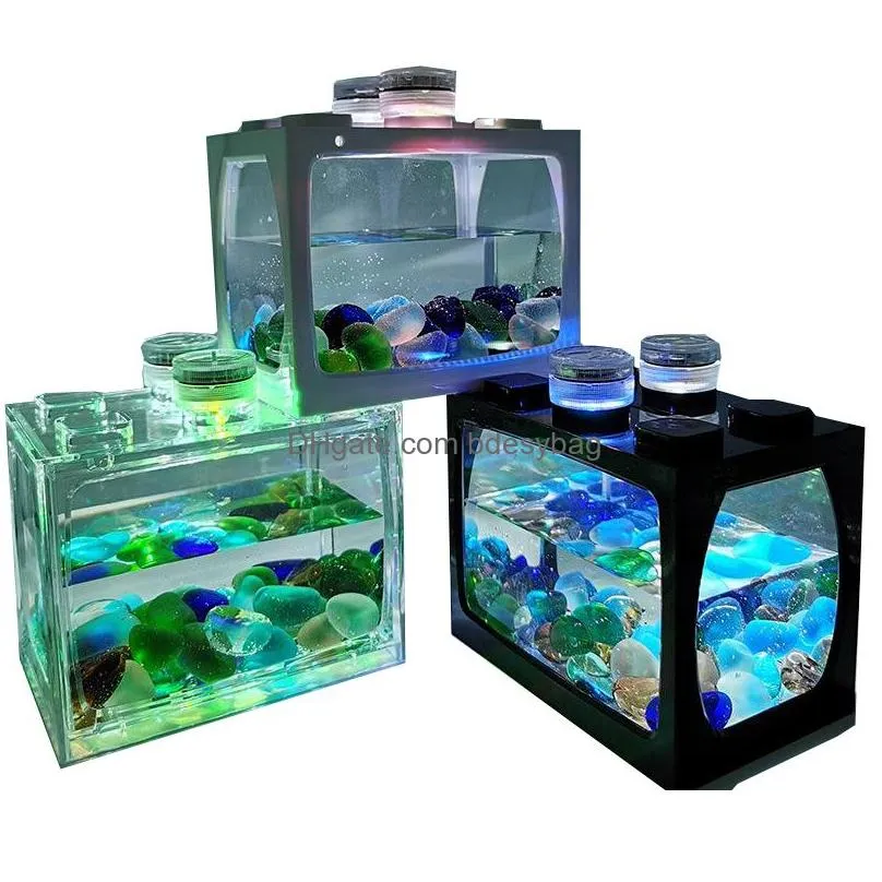 Aquariums Mini Aquarium Fish Tank With Led Lights Home Office Decoration Feeding Box Aquariums Accessories Drop Delivery Home Garden P Dhgfq