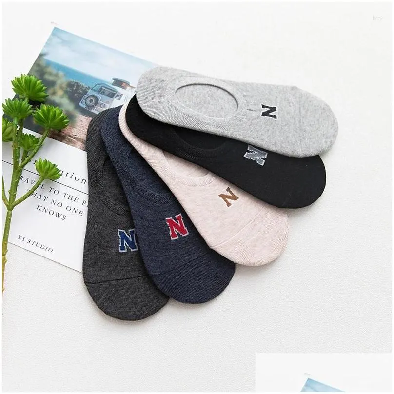 Men`s Socks 5 Pairs Men Casual Invisible Short Solid Color Letter Print Boat Sox Non-slip Comfortable Breathable Cotton Ankle