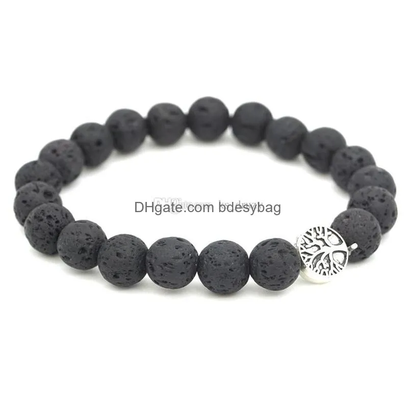 tree of life charms 8mm black lava stone beaded bracelet essential oil diffuser bracelet volcanic rock hand strings mki