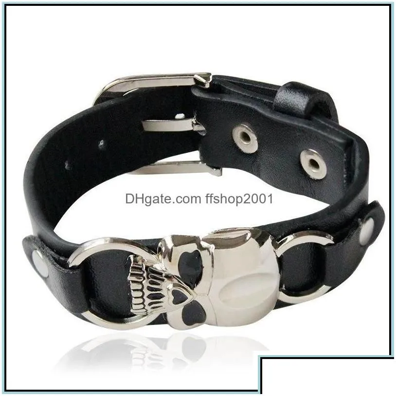 Charm Bracelets Trendy Mens Bike Leather Bracelet Europe Punk Vintage Black Wide Skl Skeleton For Men S Fashion Jewelry Drop Delivery