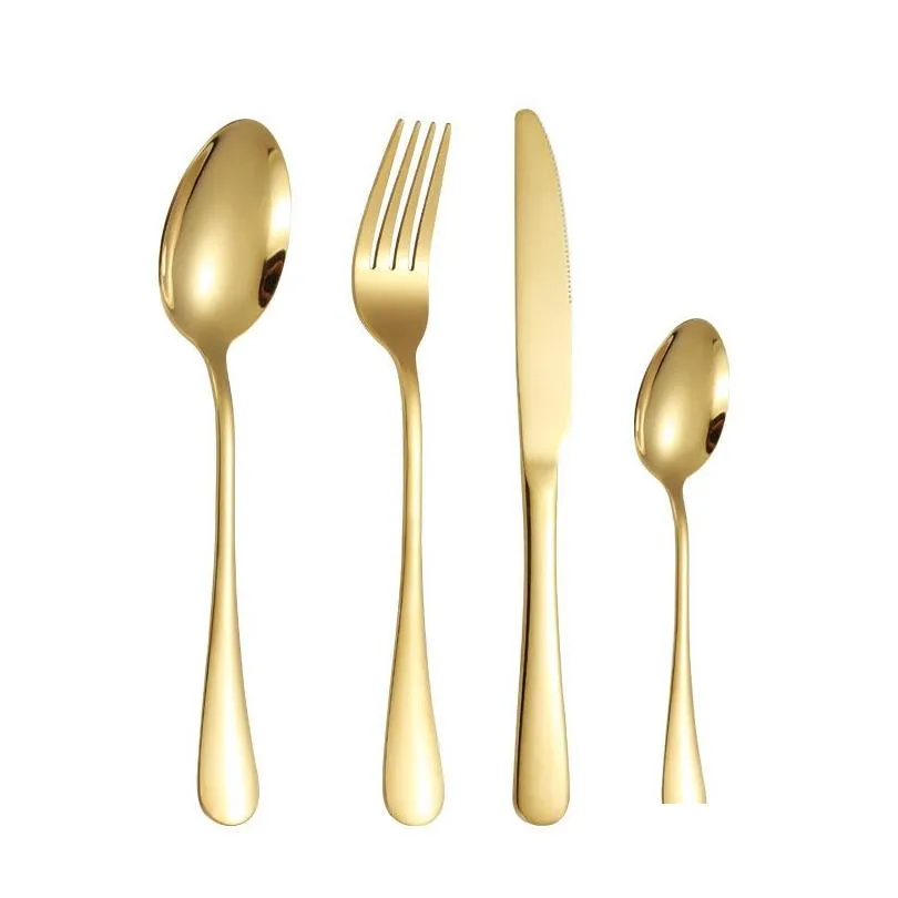 Flatware Sets Gold Stainless Flatware Cutlery Spoon Knife Fork Wed Dinnerware Tableware Dishwasher Safe Drop Delivery Home Garden Kitc Dhwzj