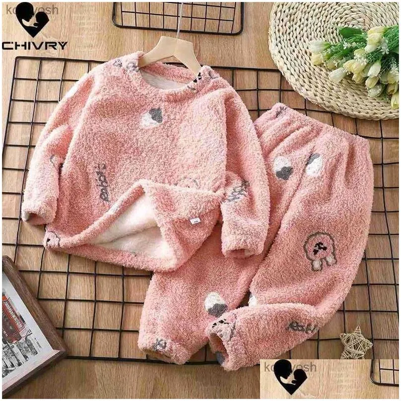 Pajamas New Kids Autumn Winter Thicken Warm Flannel Pajamas Cute Cartoon O-neck Clothing Sets Baby Boys Girls Sleepwear Toddler