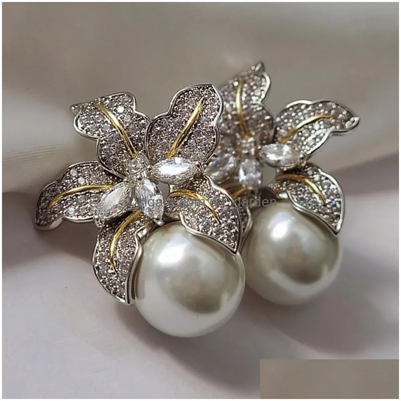 Stud Gorgeous Flower Imitation Pearl Earrings Women Luxury Inlaid Sparkling Cz Stone Fashion Wedding Jewelry Drop Delivery Je Dhgarden Otuny