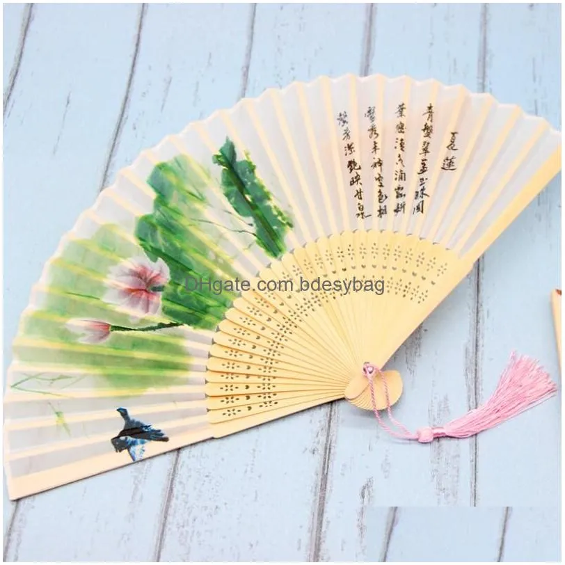 Party Favor Vintage Party Favor Silk Folding Fan Retro Chinese Japanese Bamboo Fold Tassel Dance Hand Fans Home Decoration Ornament Cr Dhhd5