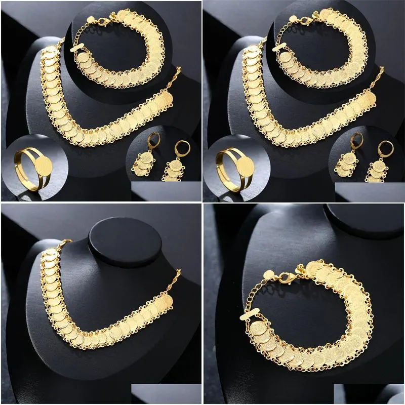  classic arab jewelry sets gold color necklace bracelet earrings ring middle eastern for women coin bijoux 201222