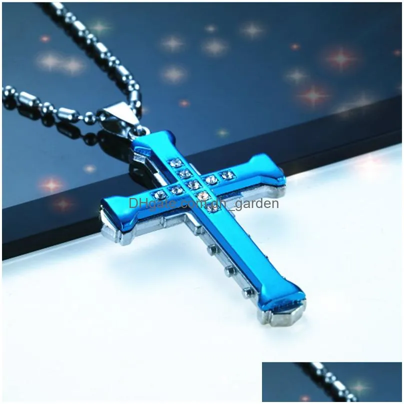 Pendant Necklaces New Male Crystal Cross Jesus Pendant Gold/Black/Blue Color Zirconia Necklace Stainless Steel Jewelry Drop Dhgarden Ot1B0