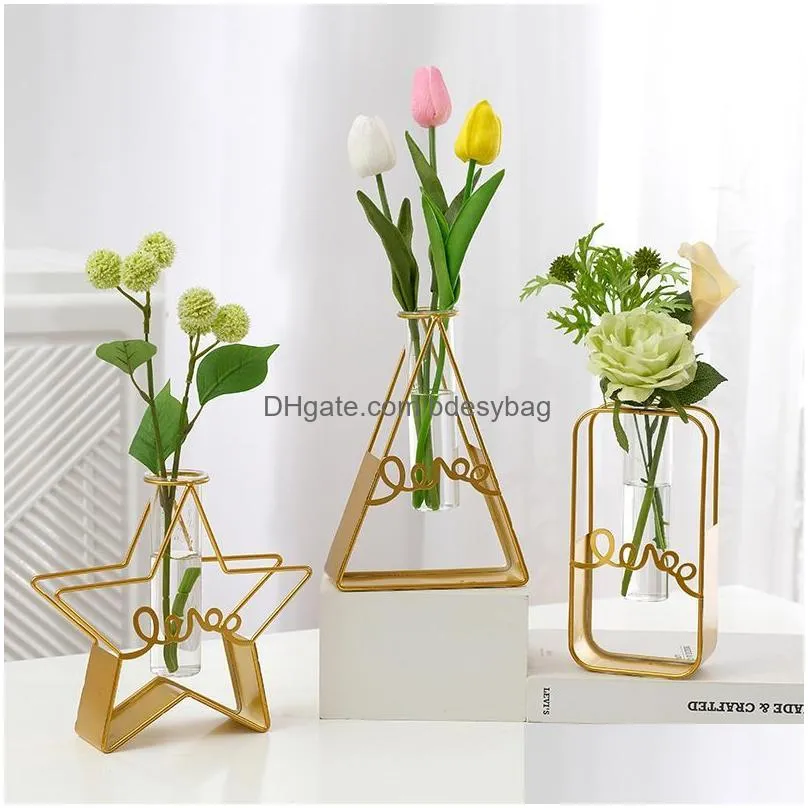 Vases Modern Home Decorations Metal Flower Vases Iron Holde Glass Room Dining Table Hydroponic Decorative Bottle Living Drop Delivery Dhmgj