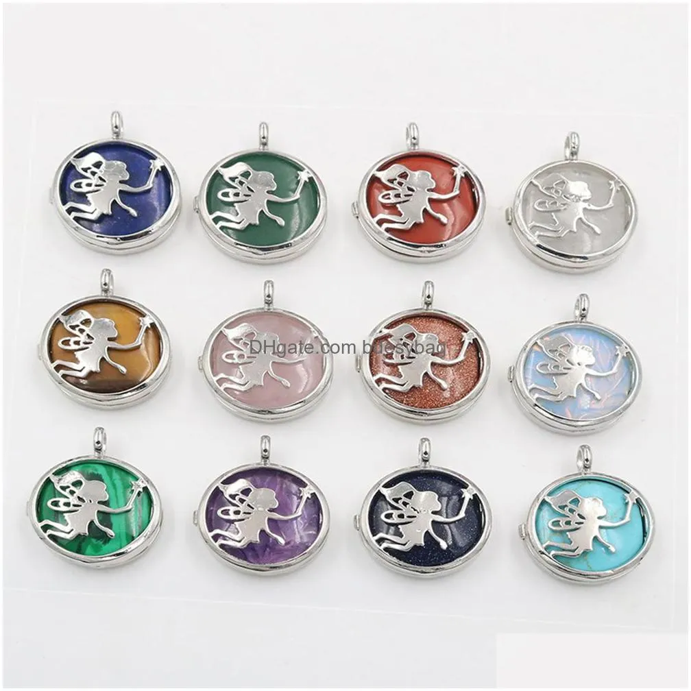 natural stone pendants necklace alloy angel wing with fairy stick shape multi colors types round stones for jewelry making