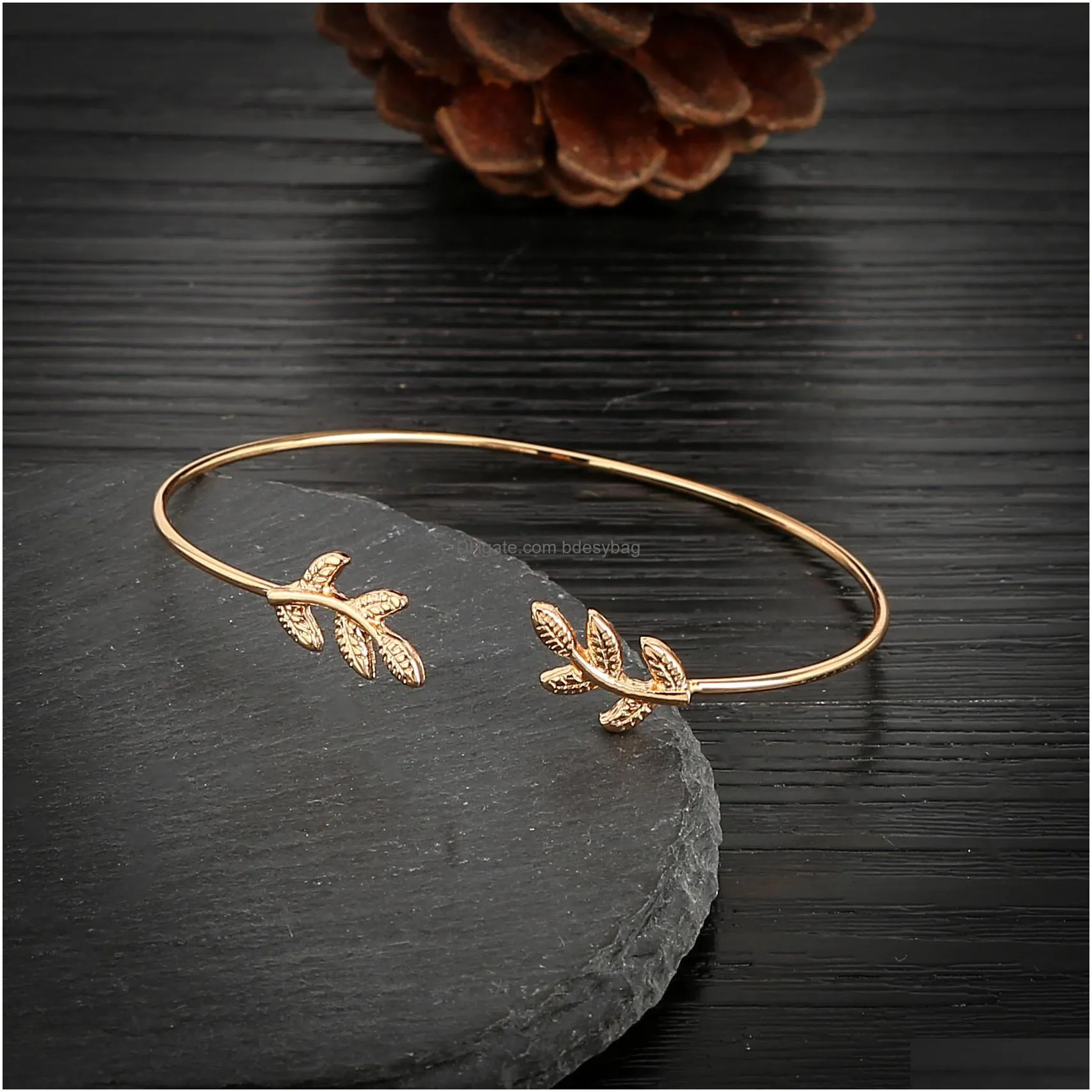 10pc/set leaves bracelet jewelry new women fashion charm leaves shaped open bangle bracelet bohemian leaves knot round chain handmade