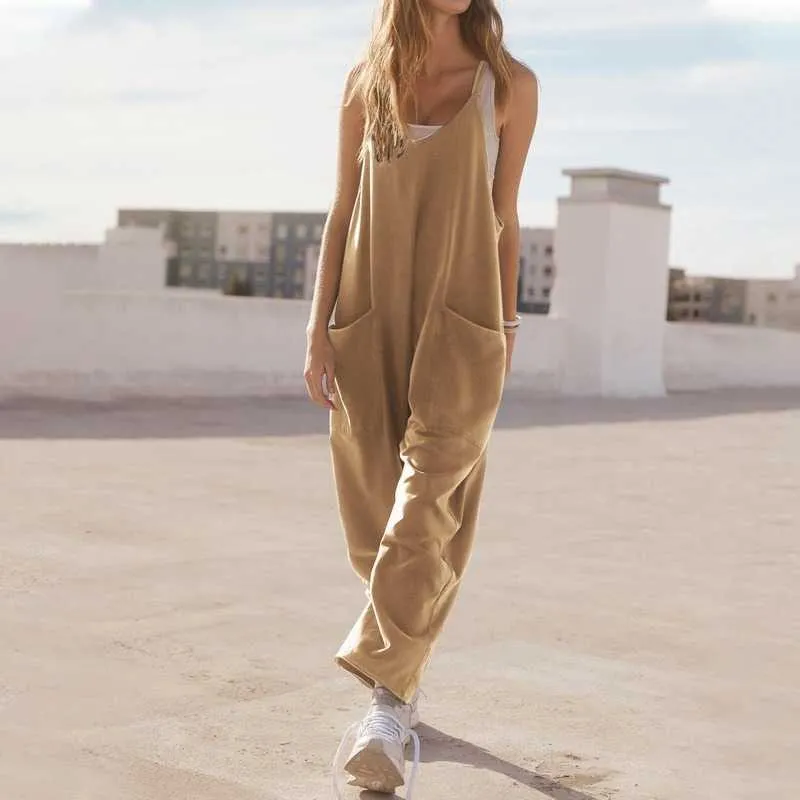 Women`s Jumpsuits Rompers Women Jumpsuit Summer Overalls Sleeveless Rompers With Pockets Wide-Leg Baggy Pants Vintage Jump Suit One-Piece Girls Playsuit P230419