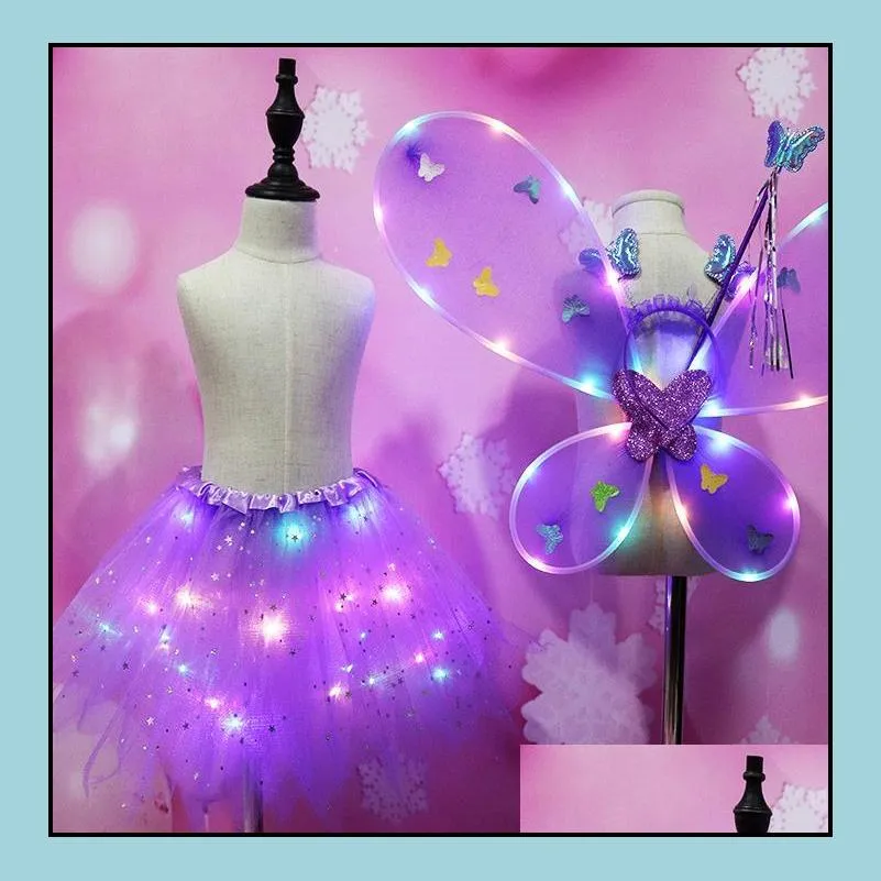 girl led butterfly wings set with glowtutu skirt fairy wand headband fairy princess light up party carnival costume 28t