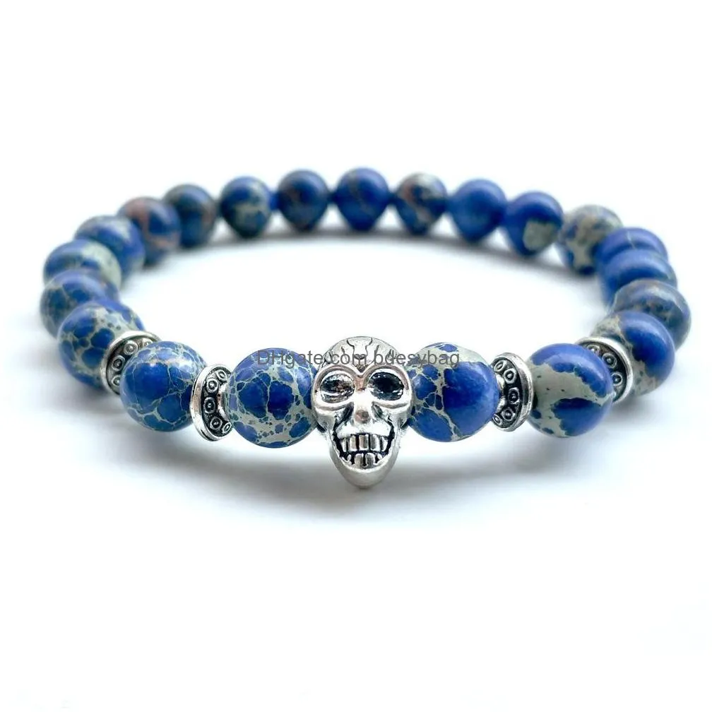 10pc/set selling wholesale 8mm natural gemstone beaded cz skull bangle women health indian agate stone beads bracelet for men