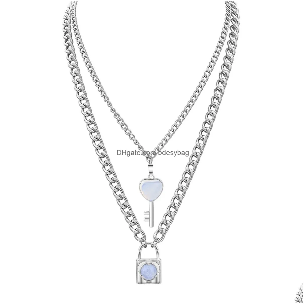 qimoshi dainty layered alloy lock and key choker jewelry for men girl boys women gemstone pendant chain necklace