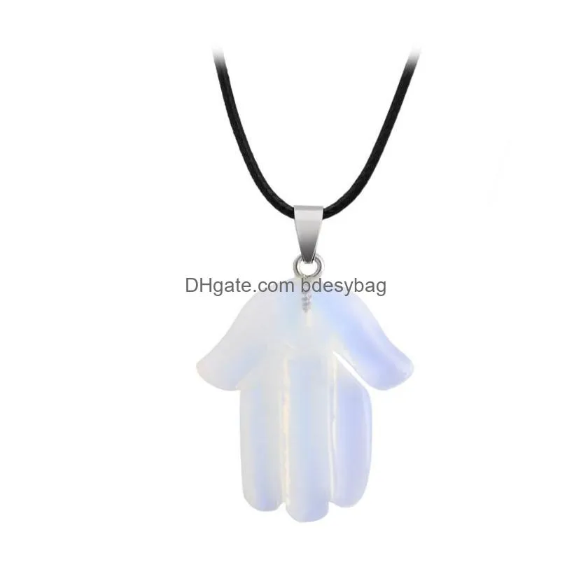 rose quartz cute healing crystal hand necklace for women men evil eye hamsa hand fatima pendant chain hip hop jewelry