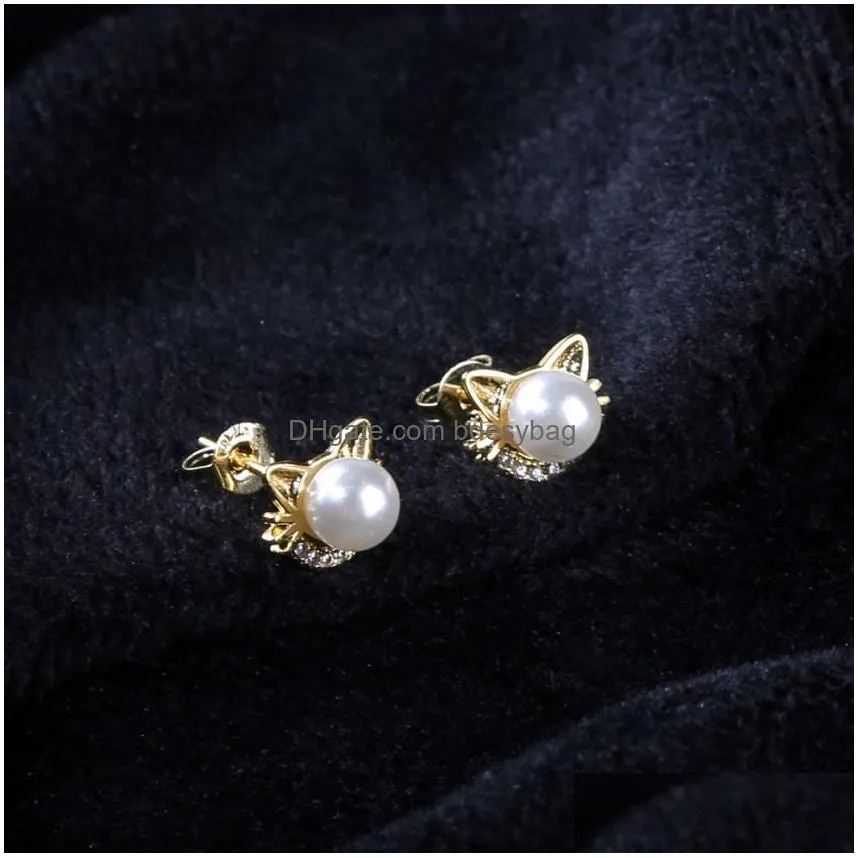 cute cat stud earrings diamond pearl earrings classic fashion cat ear cat sweet 