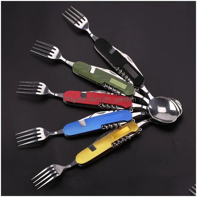 multifunctional folding knife dinnerware sets portable combination folding cutlery keychain pendant outdoor camping tools