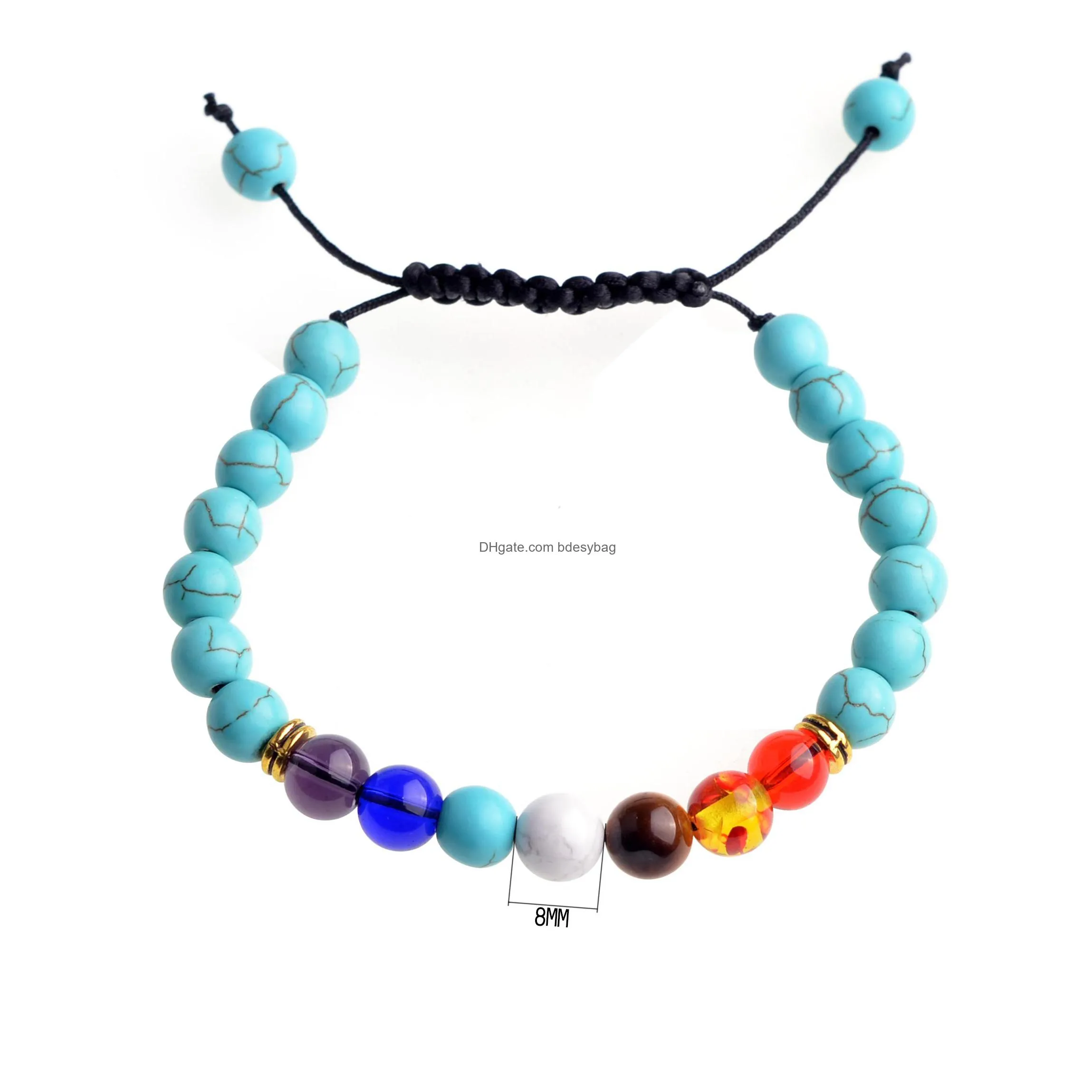 factory sale handmade lucky turquoise woven 7 chakra adjustable natural stone bracelet with 8mm round beads for uni wholesale