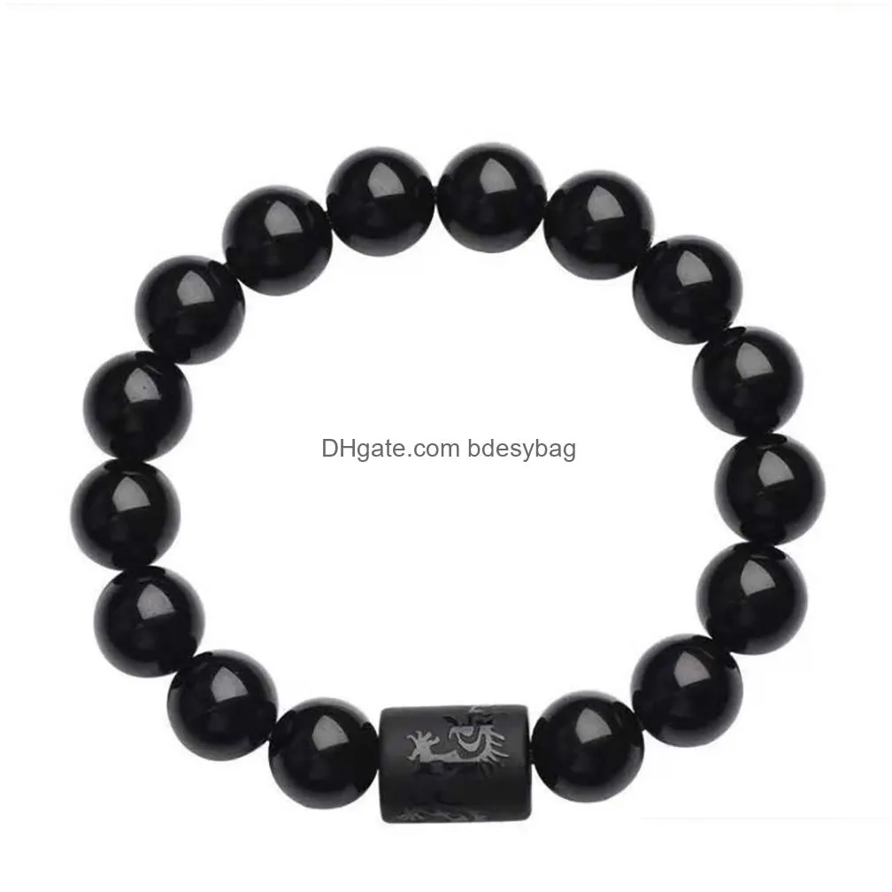 crystal obsidian bracelet strands engrave with dragon or phoenix totem cylinder bead men women natural stone chain famous fashion
