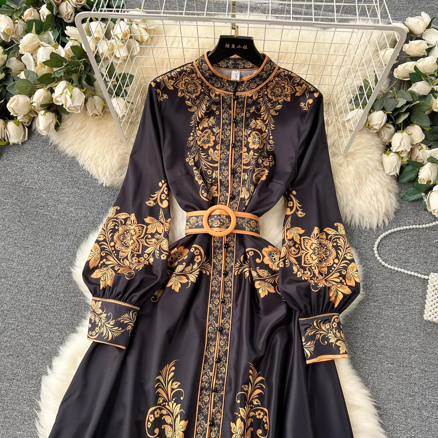 Casual Dresses New Fashion Runway Red And White Porcelain Dress Women`s Stand Long Lantern Sleeve Blue Floral Print Shirt Robe Vestidos 2024