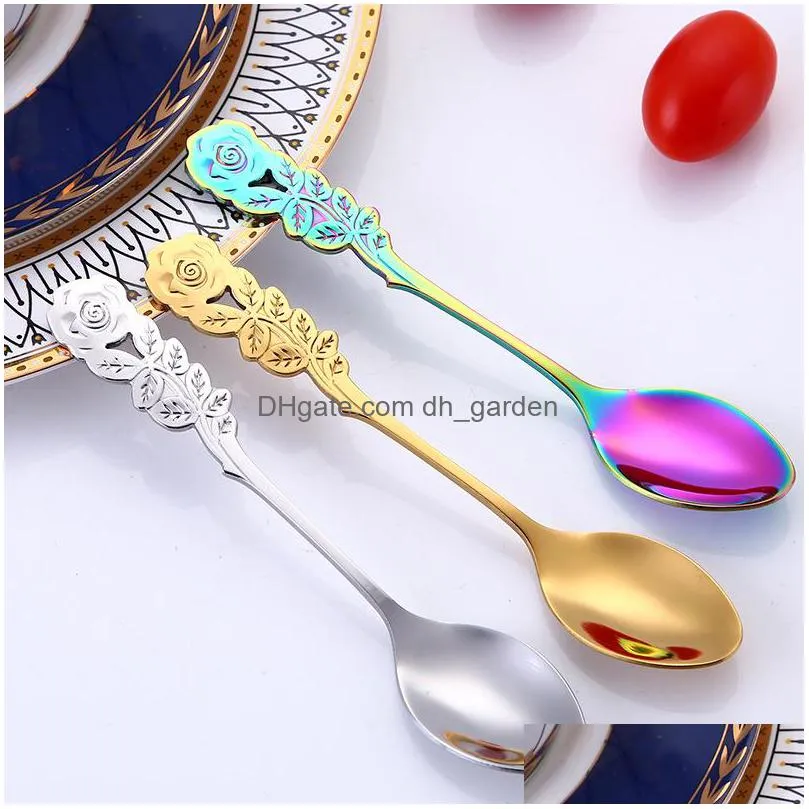 creative stainless steel rose spoons household kitchen coffee mixing scoop portable exquisite dessert spoon restaurant bar tableware 7