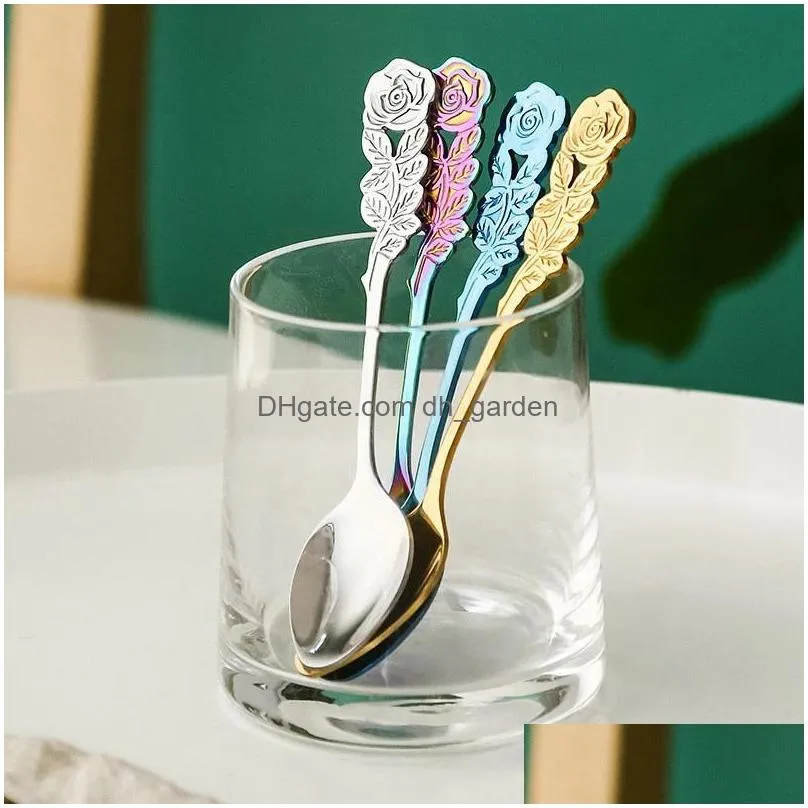 creative stainless steel rose spoons household kitchen coffee mixing scoop portable exquisite dessert spoon restaurant bar tableware 7