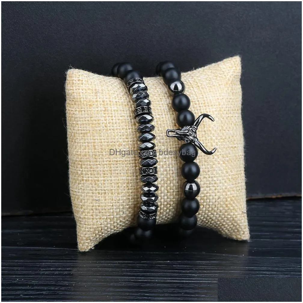 women jewelry bracelet strands punk cz bull head skull men fashion 8mm lava stone beads charm bracelets bangles macrame gift