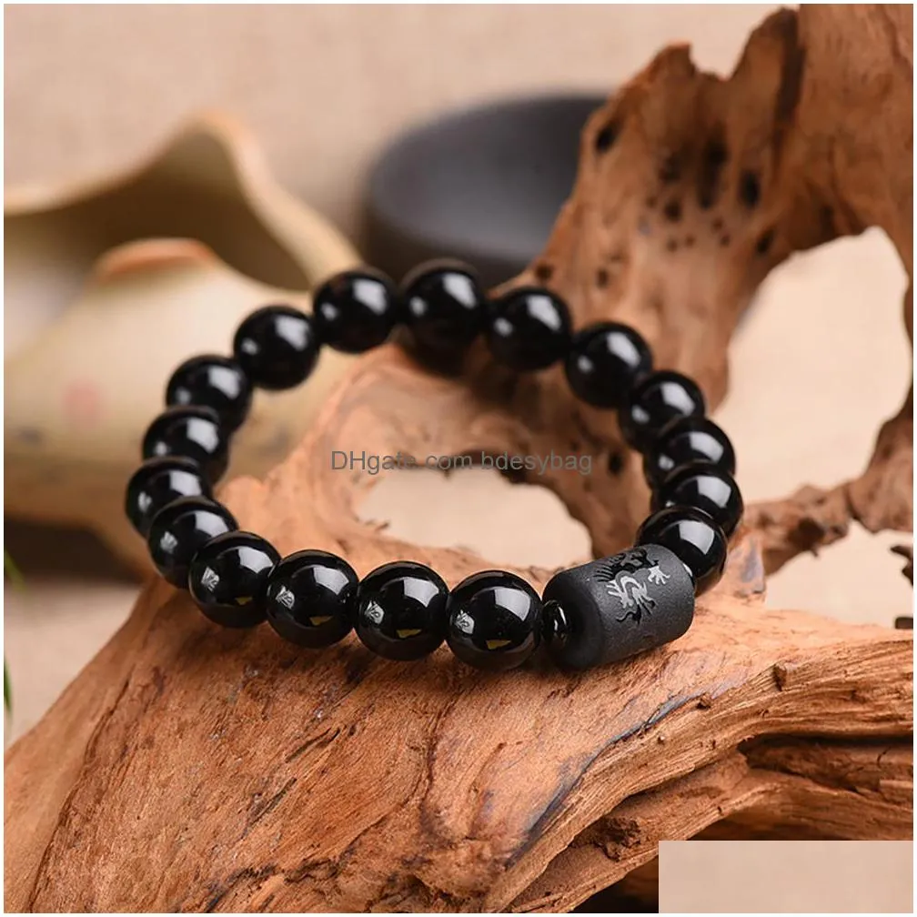 crystal obsidian bracelet strands engrave with dragon or phoenix totem cylinder bead men women natural stone chain famous fashion