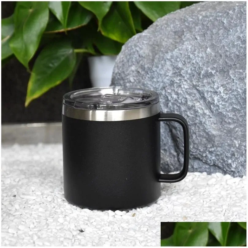 14oz coffee mug with handle stainless steel powder coated travel tumbler cup vacuum insulated camping mug with lid