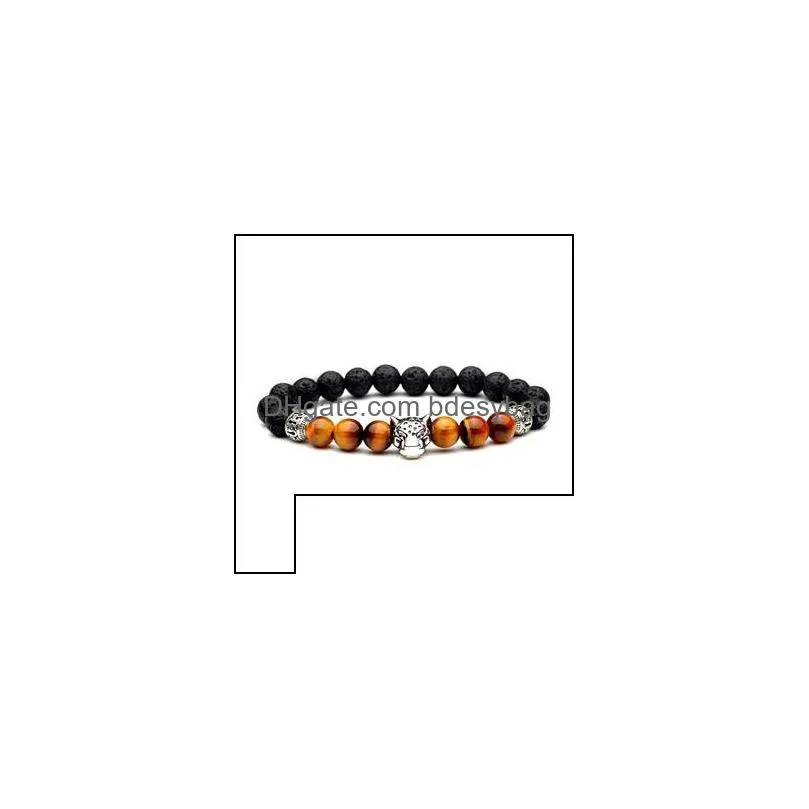 mens natural black lava rock beads leopard head beads charm bracelet 8mm