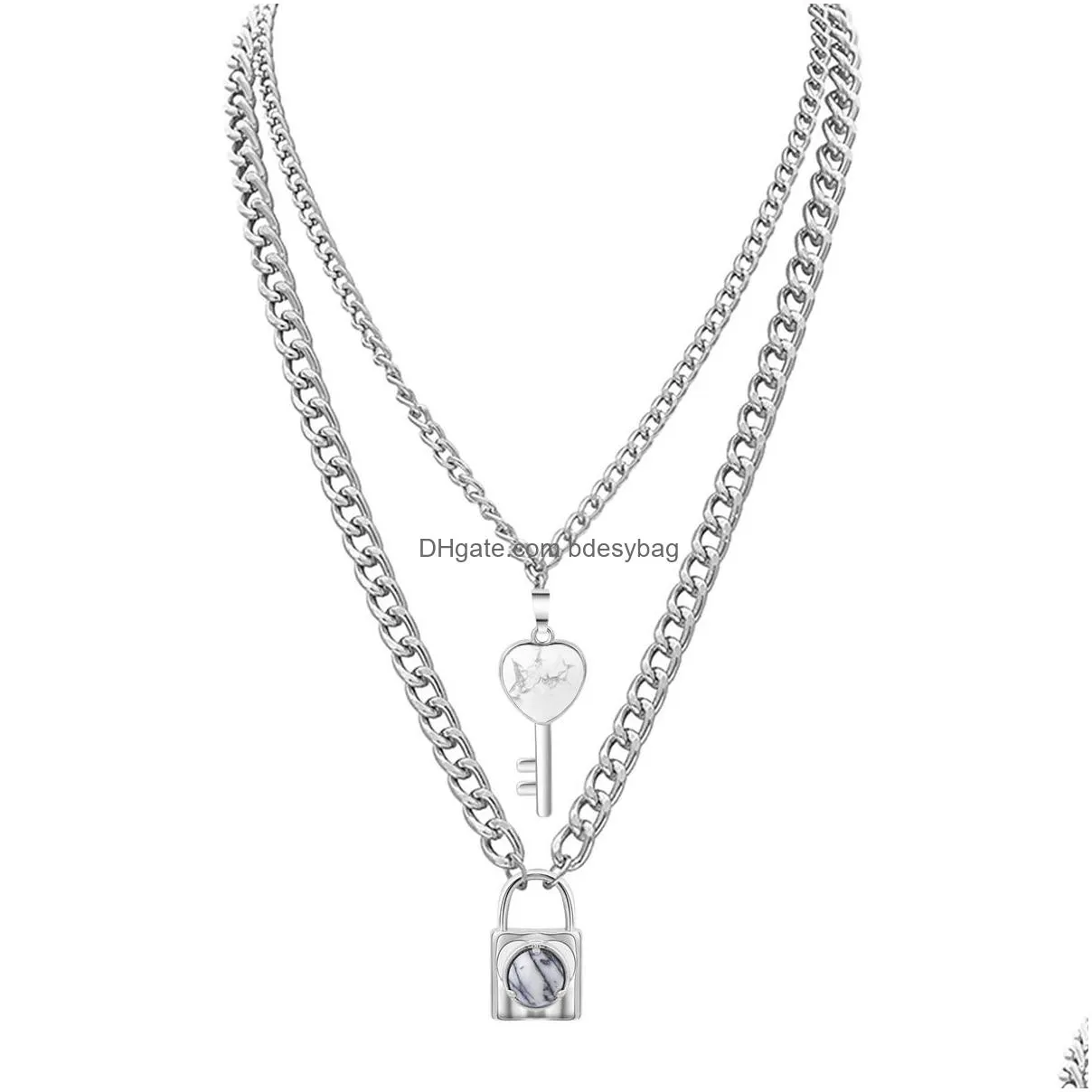 qimoshi dainty layered alloy lock and key choker jewelry for men girl boys women gemstone pendant chain necklace