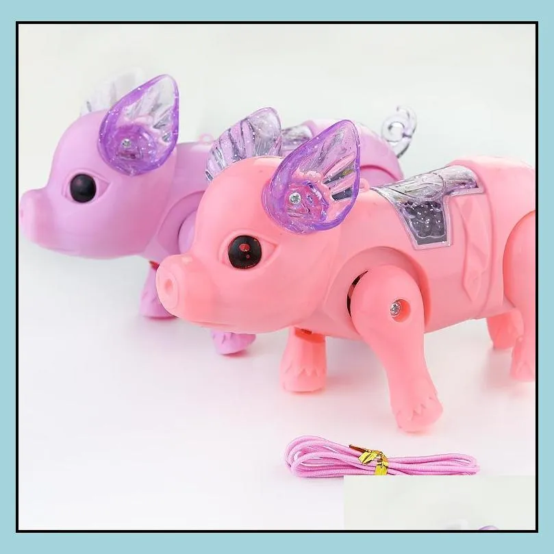 electric walking singing musical light up pig toy with leash kids led flash pet boys girls party favors without battery