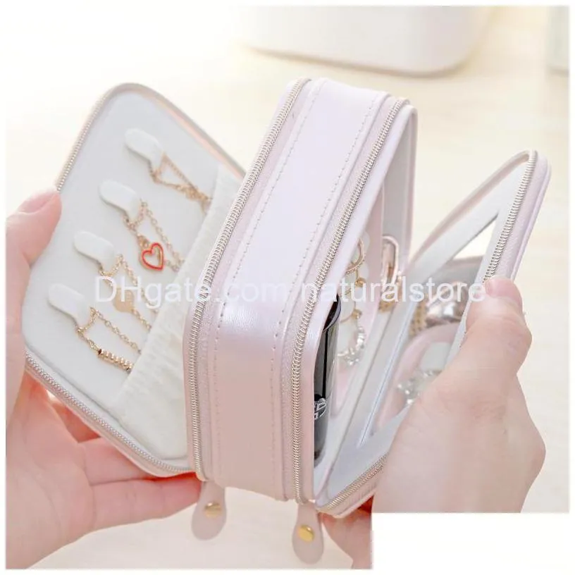 travel jewelry case small jewelry box pu leather portable storage organizer double zipper display boxes for rings earrings bracelets necklace