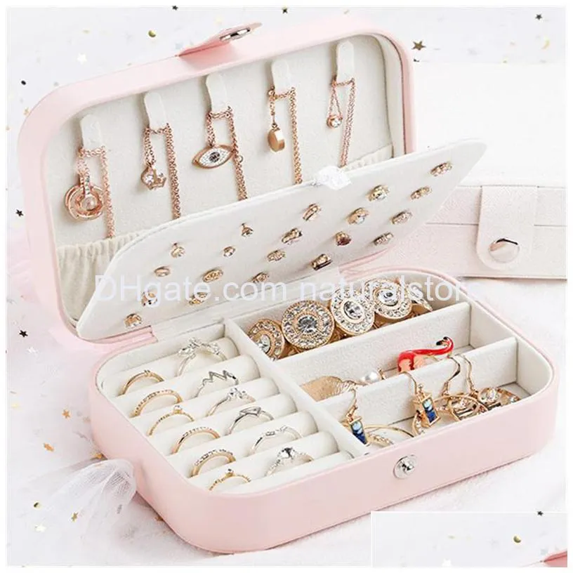 protable pu leather jewelry box necklace ring earrings storage organizer holder cosmetics beauty accessories display case for women