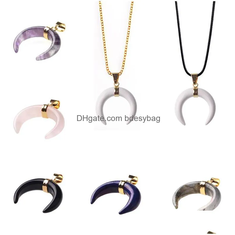 2017 natural stone horn necklace pendant unique fashion crescent moon pendants pave zircon rhinestone crystal beads finding jewelry