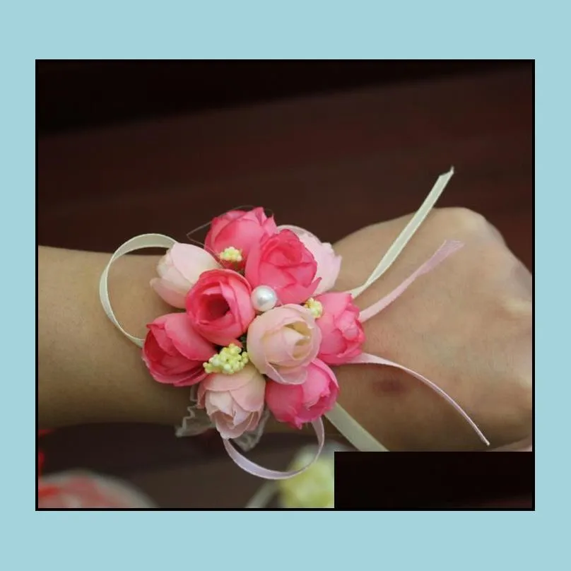 bridesmaids bride elasticity lace wrist flowers sister hand flower boutonniere party wedding decoration flower dancing props 6colors