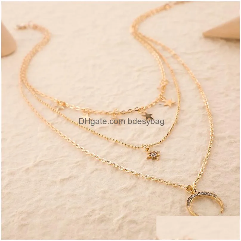 fashion retro layered gold and silver necklace personalized chain moon map pendant choker necklaces for women