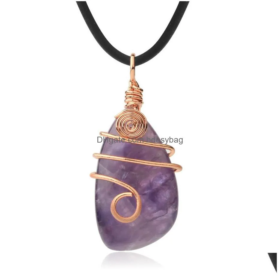 natural raw amethyst stone pendant necklace for women wire wrapped healing irregular chakra crystals with two different chains