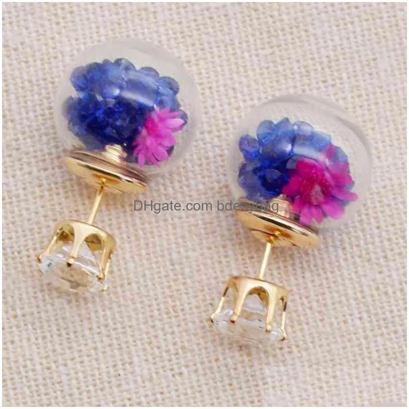 glass ball broken jewelry diamonds dry flower earrings charm natural dried romantic elegant sweet beauty ual girl