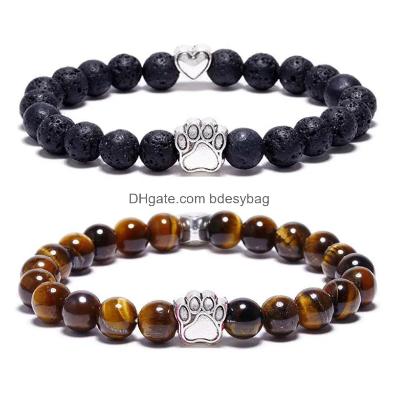 8mm beads bracelet strands natural crystal amethyst tiger eye alloy cat footprint elastic bracelet for women men jewelry