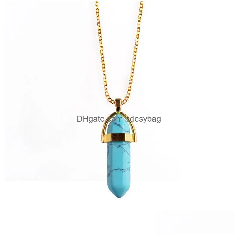 2017 hexagonal column natural stone healing point pendant necklaces amethyst crystal quartz stone necklace women gem stone