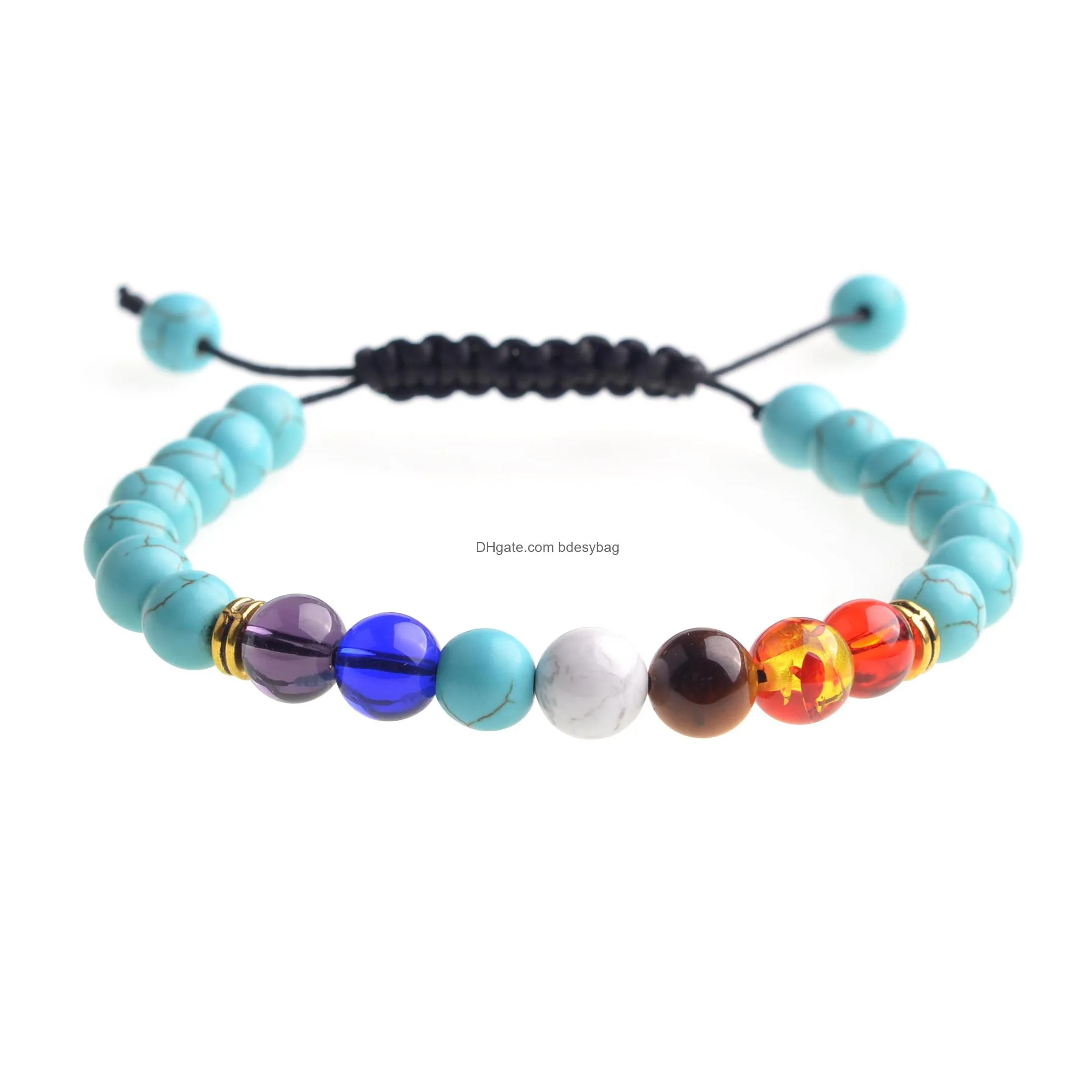 factory sale handmade lucky turquoise woven 7 chakra adjustable natural stone bracelet with 8mm round beads for uni wholesale