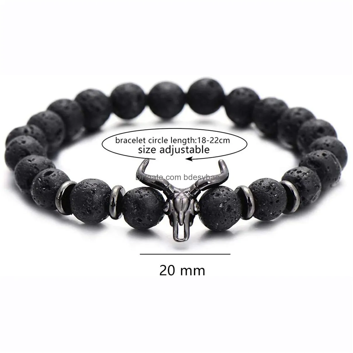 women jewelry bracelet strands punk cz bull head skull men fashion 8mm lava stone beads charm bracelets bangles macrame gift