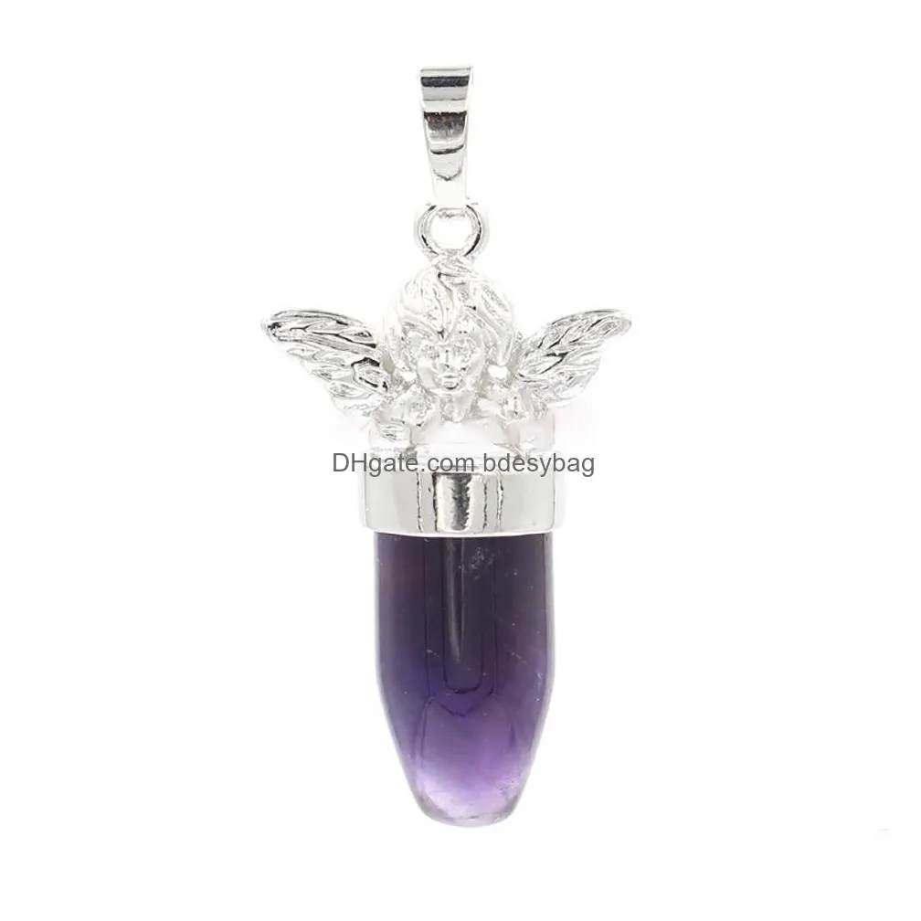 qimoshi natural stone bullet pendant necklace silver alloy feminine charm small point cone jewelry birthday gift for women men girl