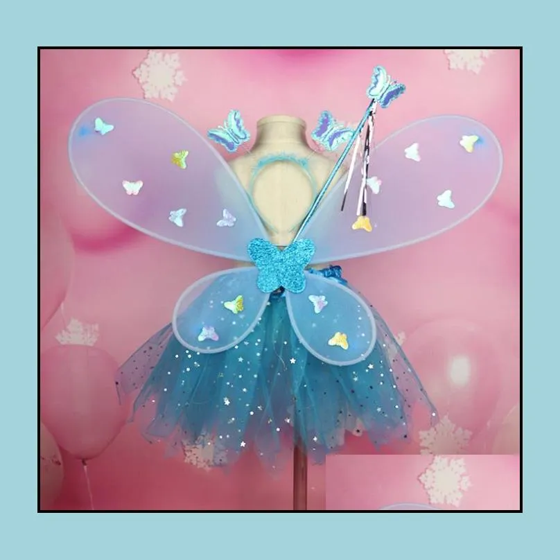 girl led butterfly wings set with glowtutu skirt fairy wand headband fairy princess light up party carnival costume 28t