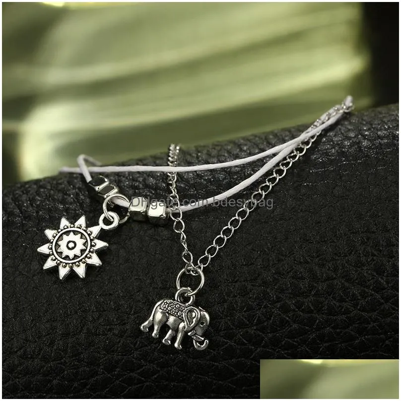 bohemian alloy animal feet elephant sun multilayer leather rope square beads chain anklet female beach accessories