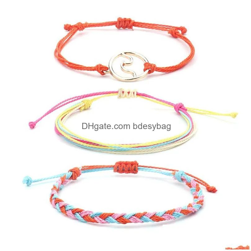 qimoshi bohemian wax line braided bracelet wave handmade 3pcs braided rope waterproof winding bracelet charm woman child
