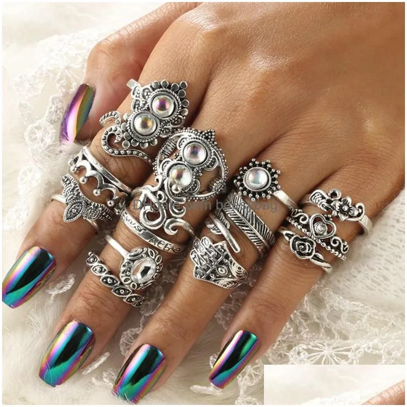 silver vintage carved openwork palm heart shaped opal crown leaf joint ring 16 piece set ladies